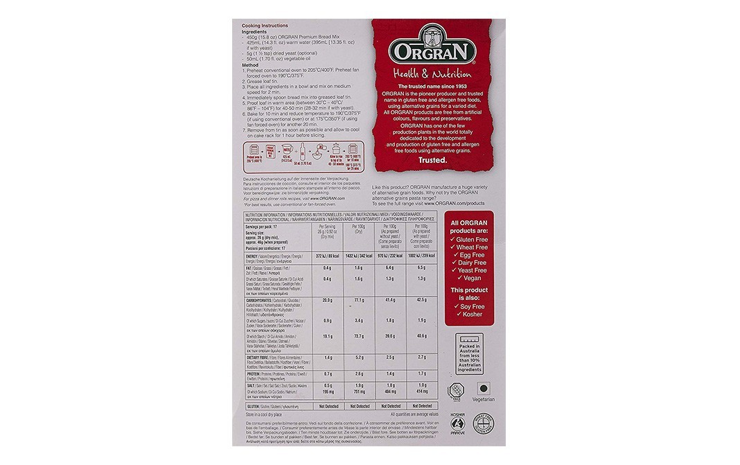 Orgran Gluten Free Premium Bread Mix    Pack  450 grams